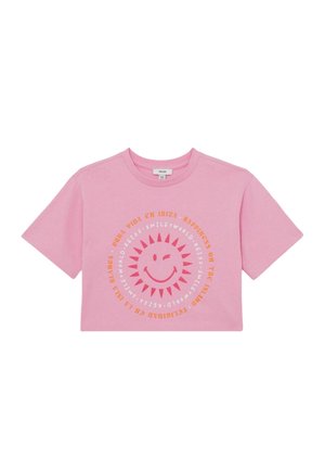 Rosa, taillierte T-Shirt aus Baumwolle mit einem Sonnenmotiv und kreisförmigem Text in Orange und Gelb. Kurzärmelig und mit rundem Ausschnitt.