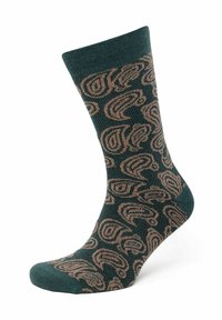 Dunkelgrüne Socke mit einem strukturierten Design, das wirbelnde, beige Muster zeigt. Mittlere Wadenlänge mit einem gerippten Bündchen. Strapazierfähiges Material.