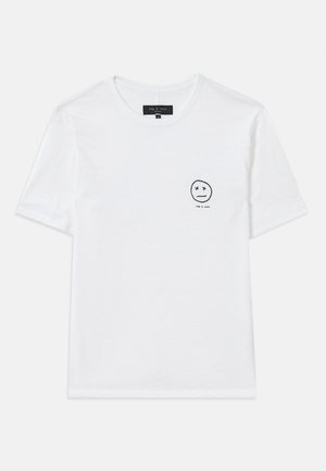 White cotton T-shirt featuring a round neckline and short sleeves. A small black graphic smiley face with 'x' eyes on the left chest.