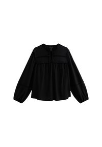 Blusa nera a maniche lunghe con yoke arricciato, scollatura con nodo e polsini arricciati, esposta su uno sfondo bianco.