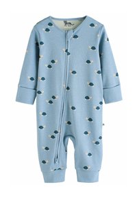 Un pyjama pour bébé en coton bleu clair avec un imprimé de tortue, une fermeture à glissière sur le devant, des manches longues et des poignets côtelés pour un ajustement snug.