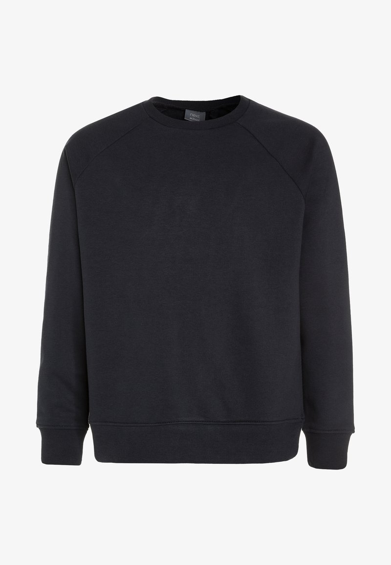Donkerblauw sweatshirt van zacht materiaal, met een ronde hals, lange raglanmouwen en geribde manchetten en zoom. Geen patronen of accenten.