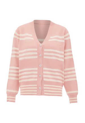 Cardigan tricotat roz cu dungi albe pe orizontal, decolteu în V și cinci butoane decorative cu accente florale. Mâneci lungi cu mansete costurate.