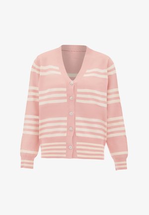 Roze gebreide cardigan met witte horizontale strepen, V-hals en vijf decoratieve knopen met bloemaccenten. Lange mouwen met geribbelde manchetten.