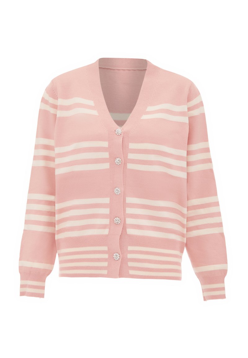 Rosa stickad cardigan med vita horisontella ränder, V-hals och fem dekorativa knappar med blommotiv. Långa ärmar med ribbad mudd.
