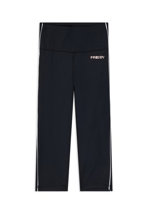Leggings negros recortados con rayas blancas laterales y un logo de Freddy en el muslo superior, diseñados para ropa activa.
