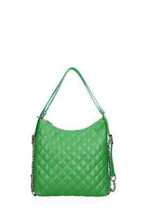 Grüne gesteppte Lederhandtasche mit geschwungener Form, verstellbarem Tragegurt und silbernen Kettenakzenten. Glatte Textur mit Reißverschluss.
