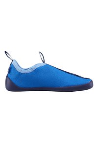 Blue slip-on shoe with a textured upper, light blue accents, and a flexible dark rubber sole. Features pull tabs for easy wear.