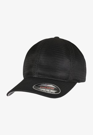 Black cap with mesh fabric, curved bill, and Flexfit tag. The design features a seamless top and textured material for breathability.