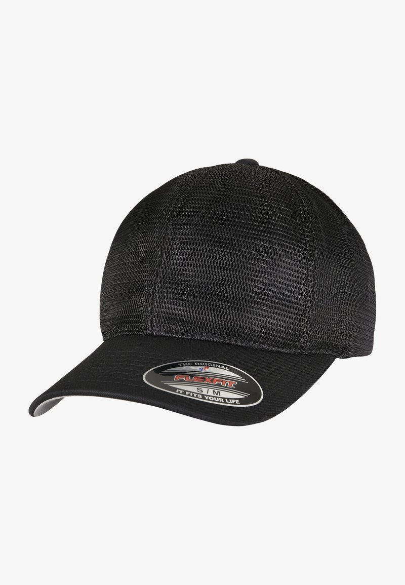 Black cap with mesh fabric, curved bill, and Flexfit tag. The design features a seamless top and textured material for breathability.