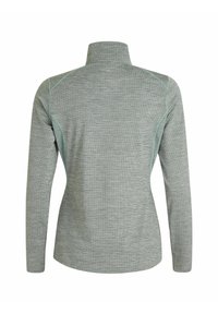 Langærmet pullover i hættegrå med opretstående krave og kontrasterende teal-stikninger. Glat tekstur, tætsiddende design.