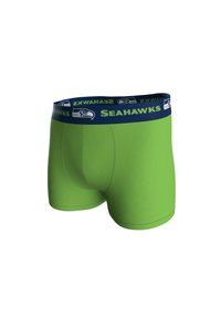 Boxers verdes con una cinturilla azul marino que presenta el texto y el logo "SEAHAWKS". Fabricados con material elástico, diseñados para comodidad y ajuste.