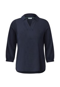 Marineblauw, blouse met lange mouwen en een V-hals, gemaakt van een textuurstof. Voorzien van opgerolde manchetten en een licht afgeronde zoom.