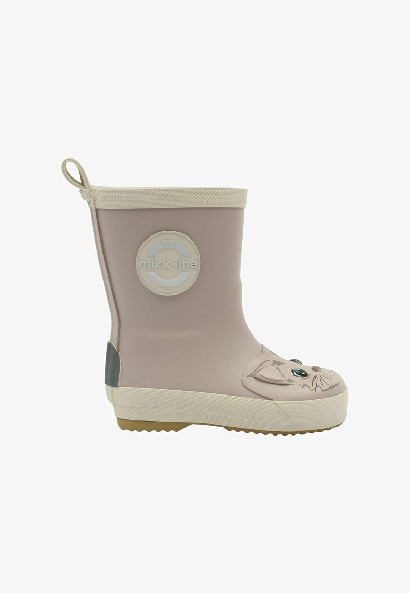 Botte de pluie en caoutchouc beige pour enfants avec un visage d'animal sur l'orteil, une boucle à l'arrière et le logo "mikk-line" sur le côté.