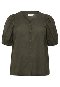 Blouse olive verte à manches courtes avec manches bouffantes, décolleté en V et fermeture à boutons. Fabriquée dans un tissu doux et texturé avec un éclat subtil.