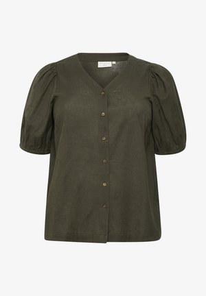 Olivegrünes kurzärmeliges Blusenshirt mit Puffärmeln, V-Ausschnitt und durchgehender Knopfleiste. Es zeichnet sich durch einen weichen, strukturierten Stoff und einen subtilen Glanz aus.