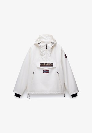 Veste à capuche blanche, dotée d'une poche frontale, de cordons ajustables et d'un logo avec un patch drapeau norvégien. Texture douce.