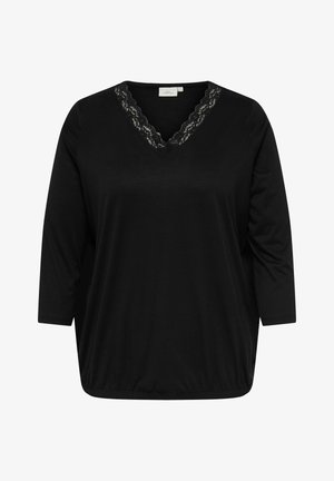 Zwarte top met driekwart mouwen, V-hals met kanten rand, losse pasvorm, gemaakt van zachte stof, subtiele plooien aan de zoom.