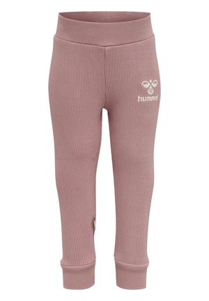 Gestreepte roze leggings met een zachte textuur, voorzien van een wit "hummel" logo op de linkerbovenbeen en een aansluitend ontwerp bij de enkel.