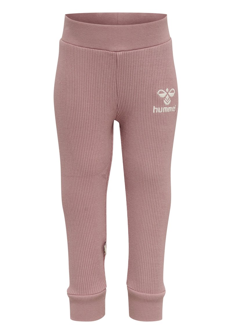Gestreepte roze leggings met een zachte textuur, voorzien van een wit "hummel" logo op de linkerbovenbeen en een aansluitend ontwerp bij de enkel.