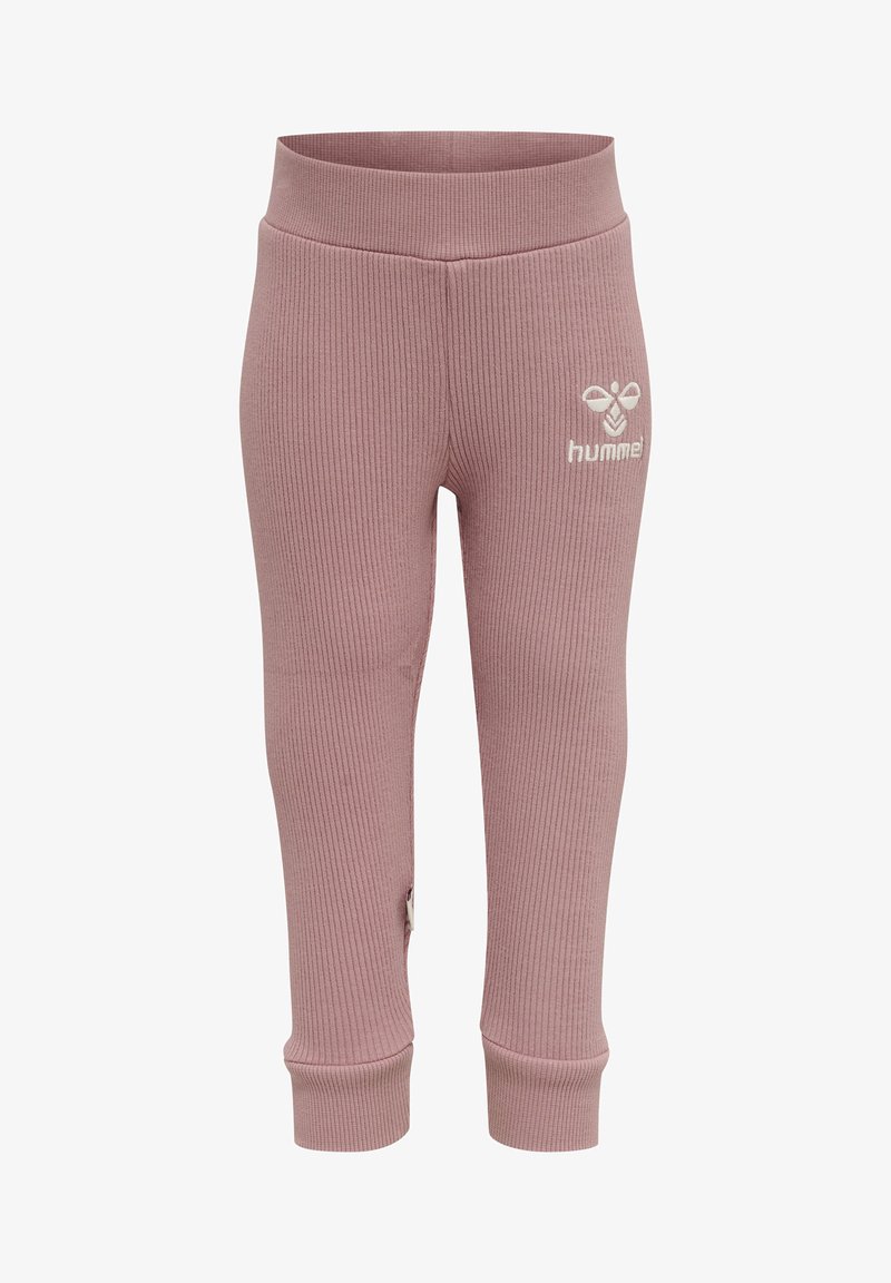 Ribbad rosa leggings med en mjuk textur, prydda med en vit "hummel"-logotyp på vänster lår och med en figurnära design vid ankeln.