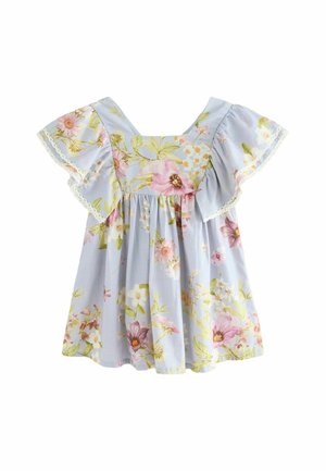 Bluse mit floralem Muster, die einen hellblauen Hintergrund, Rüschensäume und einen quadratischen Ausschnitt aufweist. Verziert mit zarten Blumenmustern und Spitzenbesatz.