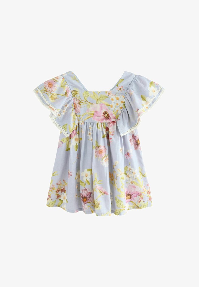 Vestitino azzurro chiaro per bambina con ampie maniche arricciate e stampa floreale nei toni del rosa, bianco e verde.