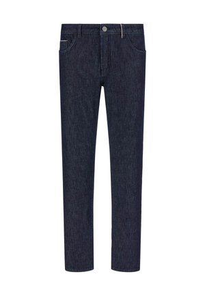 Jeans en denim bleu foncé avec une coupe droite, comportant cinq poches, des passants de ceinture et une fermeture à bouton unique à l'avant.
