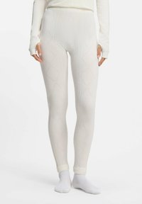 Białe legginsy z teksturowanym wzorem w diamenty, z wysokim stanem i dopasowanymi mankietami przy kostkach. Materiał wydaje się rozciągliwy i miękki.