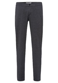 Dark gray slim-fit trousers with subtle texture, featuring a button closure and side and back pockets.