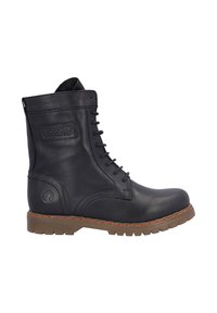 Botín de cuero negro con cordones, puntera redondeada, parte superior texturizada, costuras naranjas y suela de goma con un diseño de agarre.