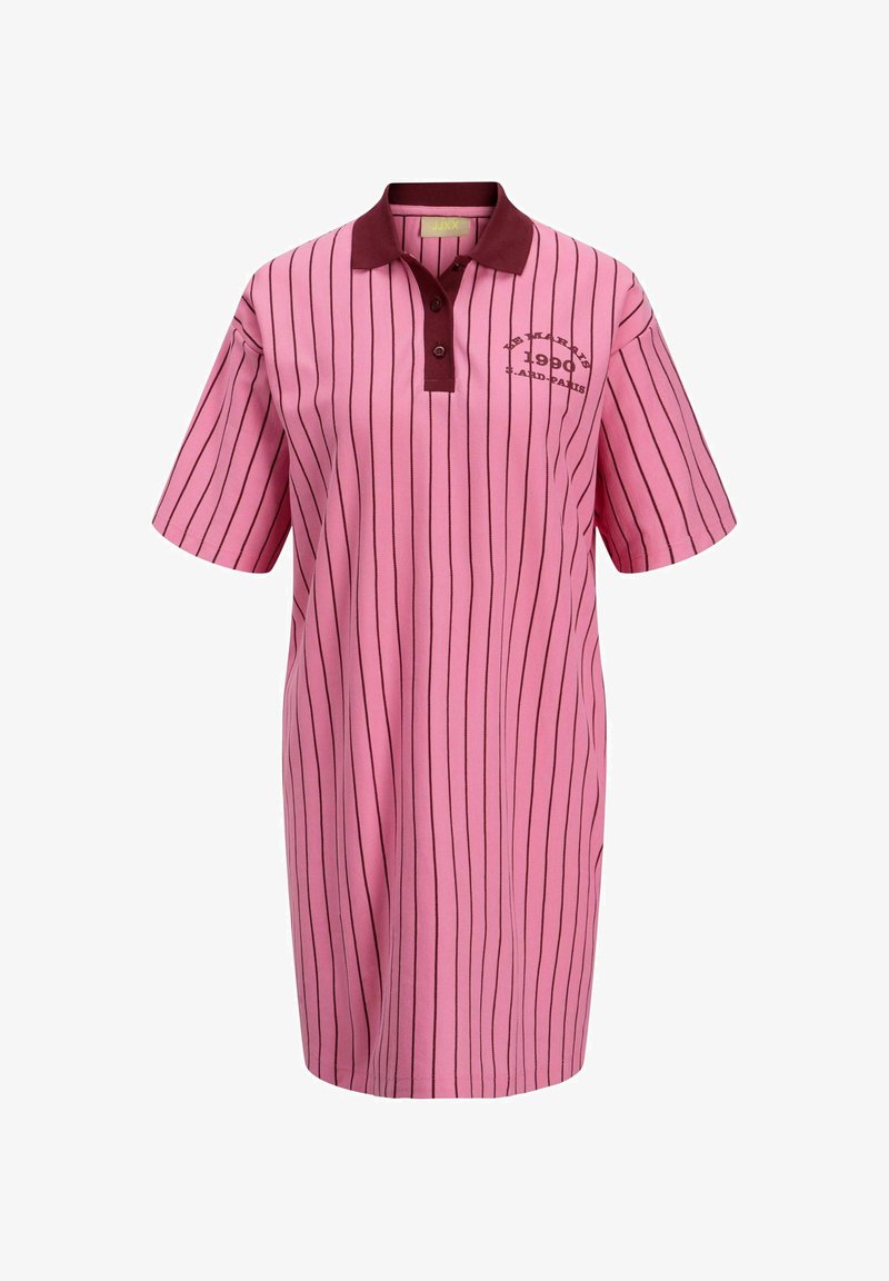 Vestido polo a rayas rosas con cuello burdeos, con mangas cortas y un detalle del logo en el lado izquierdo del pecho. Fabricado en material transpirable.