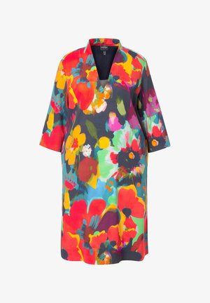 Lockeres V-Ausschnitt-Kleid mit dreiviertellangen Ärmeln und einem auffälligen, mehrfarbigen Blumenmuster in Rot, Gelb, Grün, Blau, Lila und Schwarz.