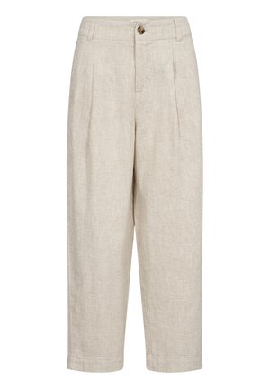 Beige linen trousers with a high waist, pleats, a single button closure, and straight cropped legs. Features side pockets.