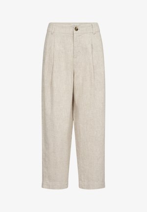 Beige linnebyxor med hög midja, veck, en enkel knappstängning och raka, cropped ben. Har sidofickor.