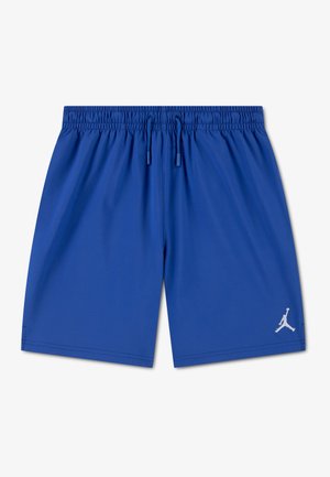 Pantalones cortos deportivos azules con cintura elástica y cordón, con un pequeño logo blanco de Jumpman en la pierna inferior derecha.