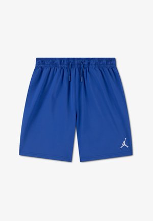 Plave sportske kratke hlače s elastičnim pojasom i vezicama, s malim bijelim Jumpman logom na donjem desnom nožnom dijelu.