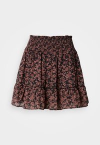 Jupe noire à motif floral rose, taille élastique smockée et ourlet à volants, présentée sur un fond clair uni.