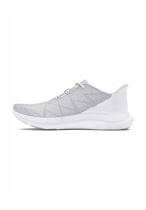 White athletic shoe with a textured mesh upper, featuring alternating stripes, a cushioned sole, and a rounded heel.