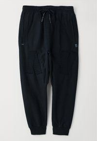 Schwarze Jogginghose aus einem Baumwollmischgewebe. Sie verfügt über einen elastischen Bund mit Kordelzug, zwei Seitentaschen und strukturierte Panelakzente.
