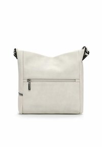 Hellegraue Kunstleder Schultertasche mit einem Reißverschluss-Vordertasche, lockerer Form und verstellbarem schwarzen Riemen. Glatte Textur.