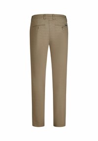 Khaki broek van een gestructureerde stof, rechte pasvorm, twee achterzakken met knoopsluitingen en ceintuurlussen in de taille.