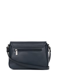 Borsa a tracolla in pelle blu navy con tasca frontale con cerniera, design piatto, tracolla regolabile e dettagli di cucitura sottili.