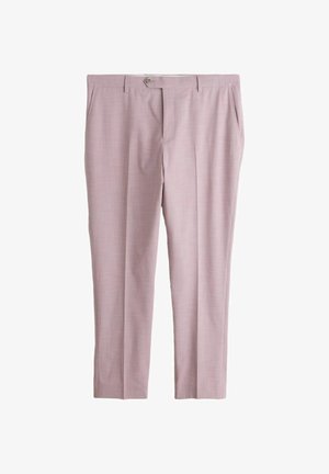 Slim-fit lichtroze herenbroek met zijzakken, broekriemlussen en een knoopsluiting aan de voorkant.