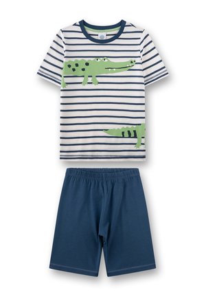 Children's two-piece set with white and navy striped short-sleeve shirt featuring green crocodiles and solid navy elastic waist shorts.