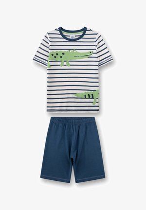 Completo per bambini composto da maglietta a maniche corte bianca e blu navy a righe con coccodrilli verdi e pantaloncini tinta unita blu navy con fascia elastica in vita.
