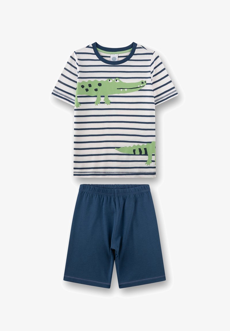Kinder-Zweiteiler mit weißem und marineblau gestreiftem Kurzarmshirt mit grünen Krokodilen und einfarbigen marineblauen Shorts mit elastischem Bund.