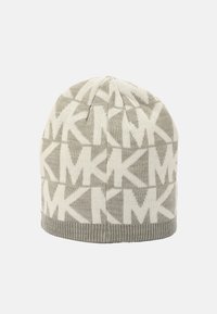 Berretto a maglia grigio e bianco con motivo ripetuto del logo "MK", tessuto testurizzato e bordo a coste nella parte inferiore.