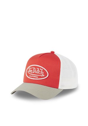 Red and white trucker cap with beige curved brim and a white "Von Dutch California" logo patch on the front panel.
