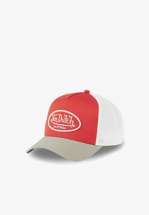 Red and white trucker cap with beige curved brim and a white "Von Dutch California" logo patch on the front panel.